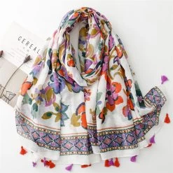 White Beige Long Scarf With Tassels With Multicoloured Flowers Print