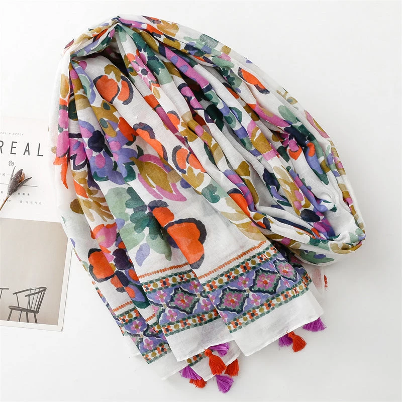 White Beige Long Scarf With Tassels With Multicoloured Flowers Print - Image 3