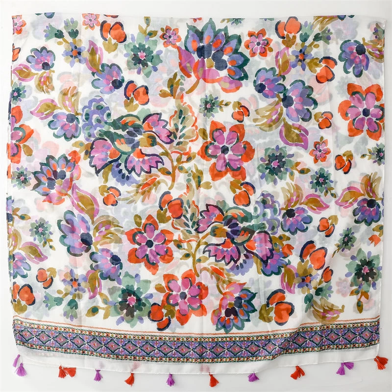 White Beige Long Scarf With Tassels With Multicoloured Flowers Print - Image 4
