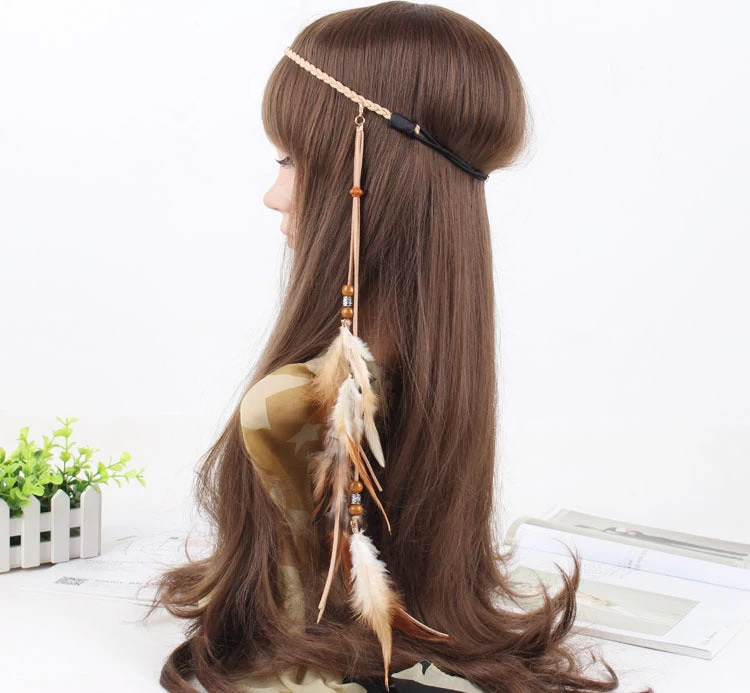 Wooden Beads Feather Elastic Headband - Image 3