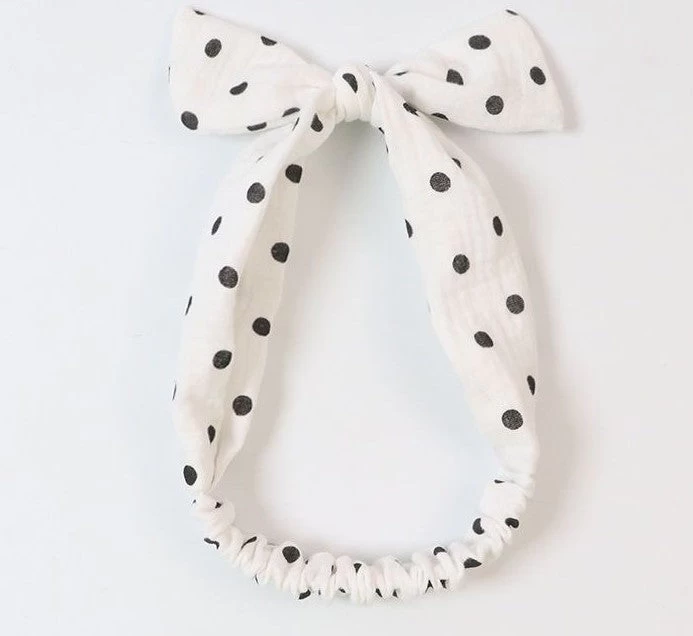 Black Polka Dots White Cotton Elastic Headband - Image 2