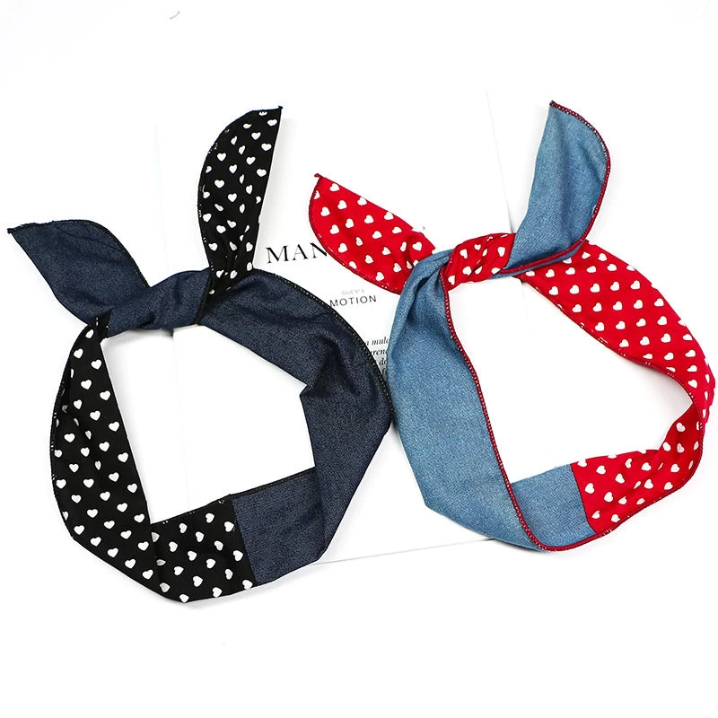 Plain Jeans Mixed With Sweet Hearts Printed Cotton Twist Hair Scarf - Image 3