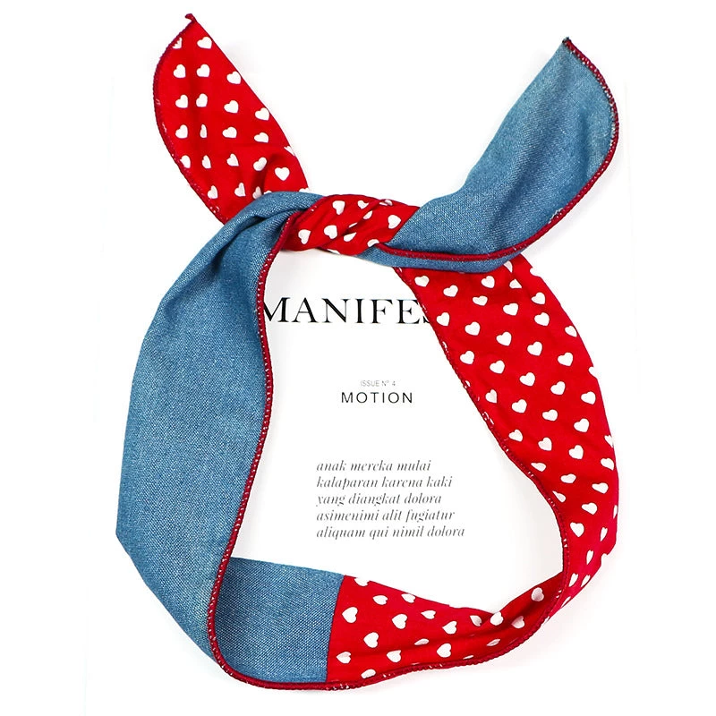 Plain Jeans Mixed With Sweet Hearts Printed Cotton Twist Hair Scarf - Image 2