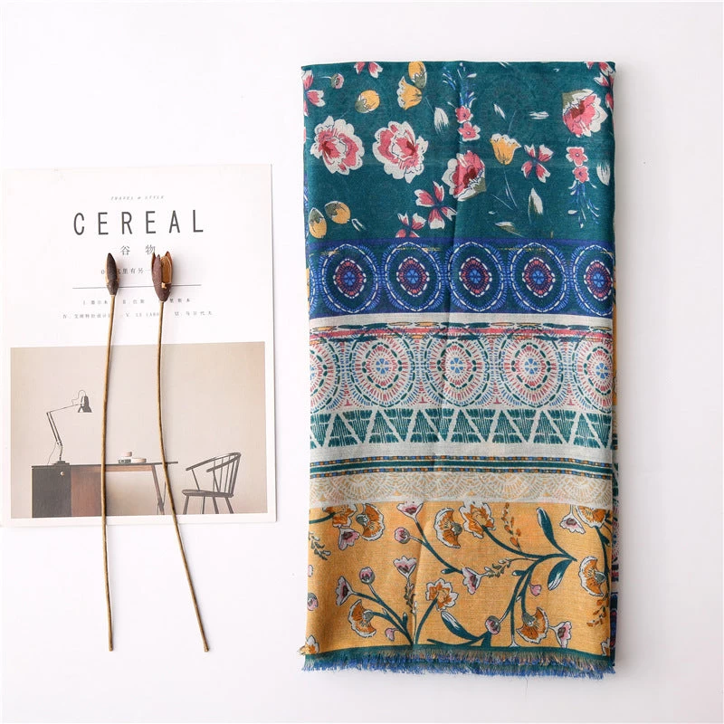 Green Yellow Floral Fringed Scarf - Image 2