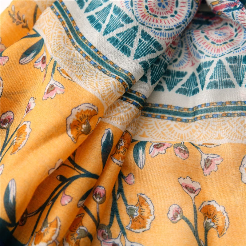 Green Yellow Floral Fringed Scarf - Image 7