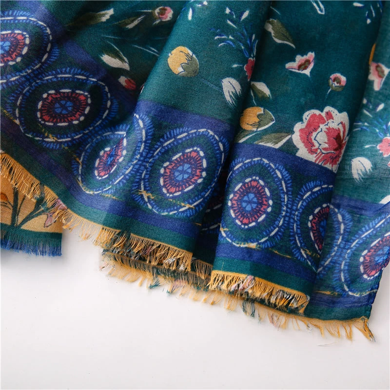 Green Yellow Floral Fringed Scarf - Image 9