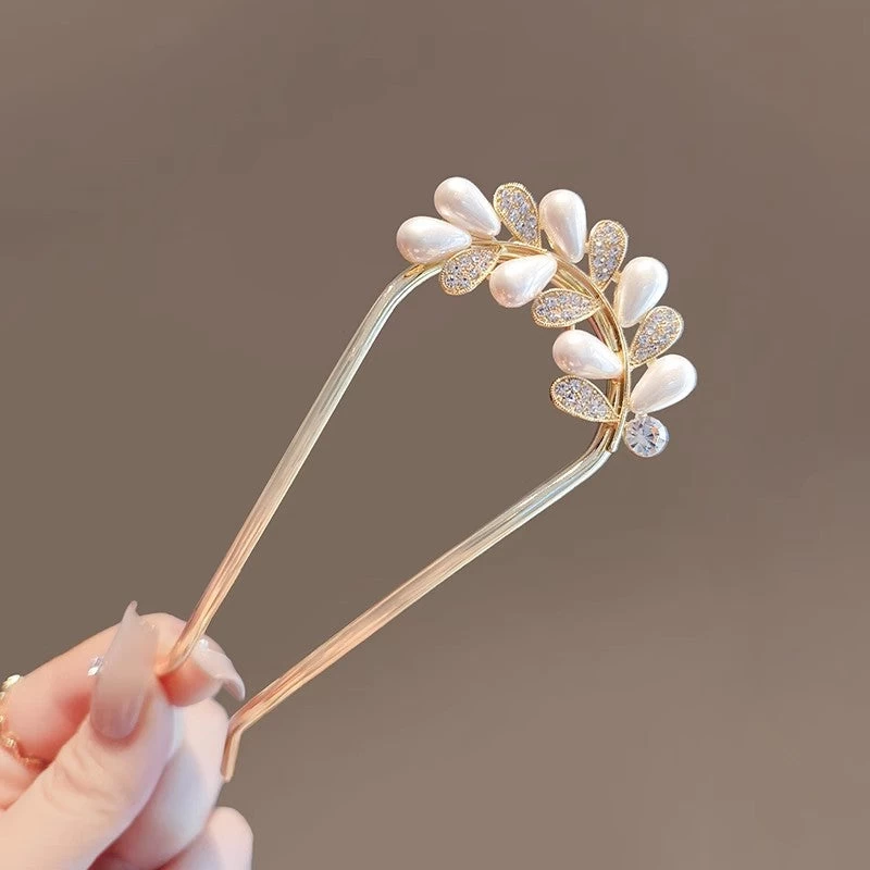White Pearl Leave Branch Metal Hair Fork - Image 4