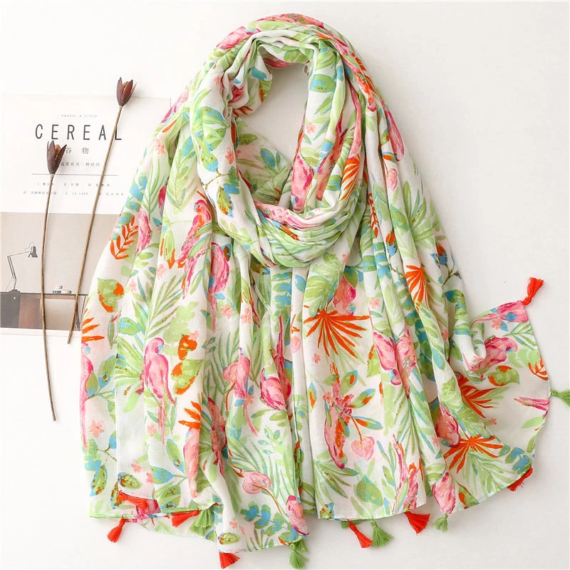 Green Leaves Pink Birds Print Scarf With Tassels