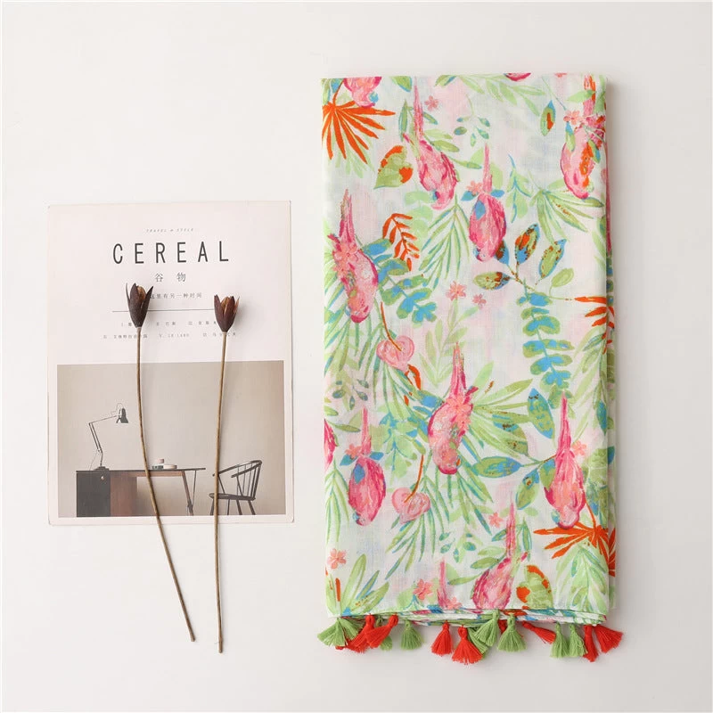 Green Leaves Pink Birds Print Scarf With Tassels - Image 2