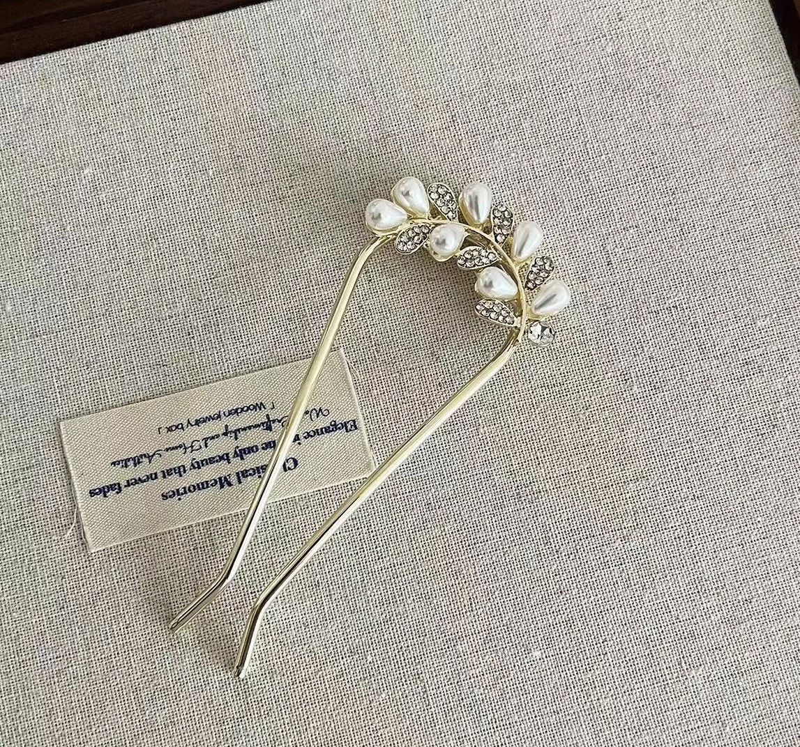 White Pearl Leave Branch Metal Hair Fork - Image 3