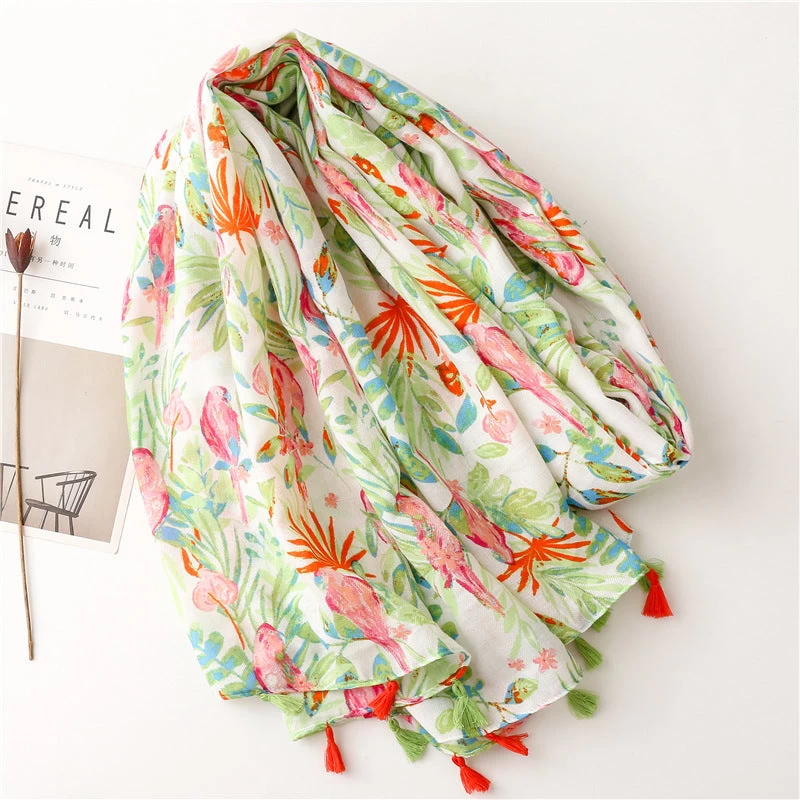 Green Leaves Pink Birds Print Scarf With Tassels - Image 4