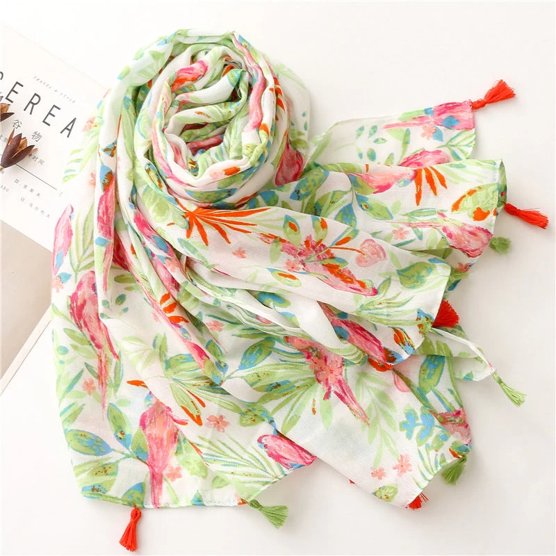 Green Leaves Pink Birds Print Scarf With Tassels - Image 5