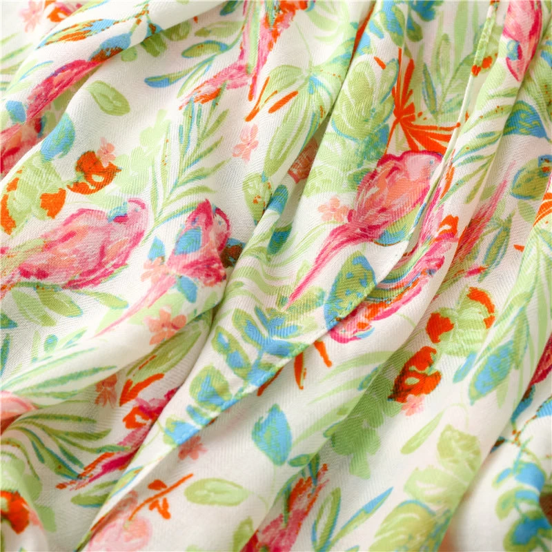 Green Leaves Pink Birds Print Scarf With Tassels - Image 7