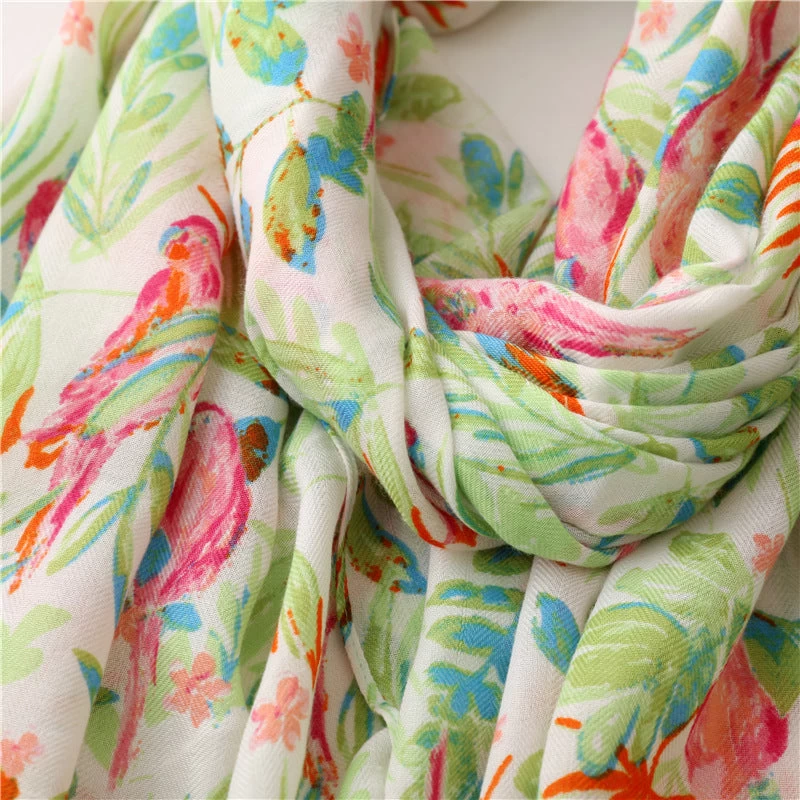 Green Leaves Pink Birds Print Scarf With Tassels - Image 8
