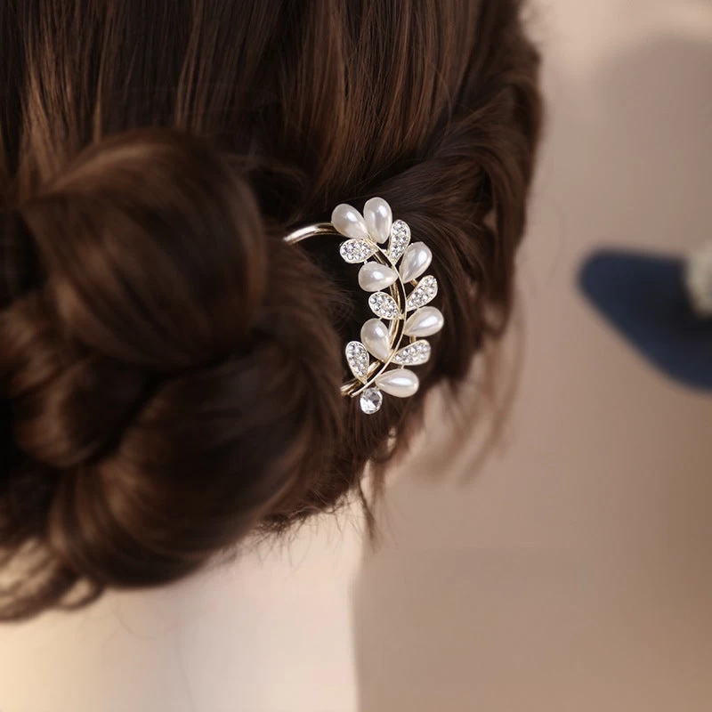 White Pearl Leave Branch Metal Hair Fork - Image 2