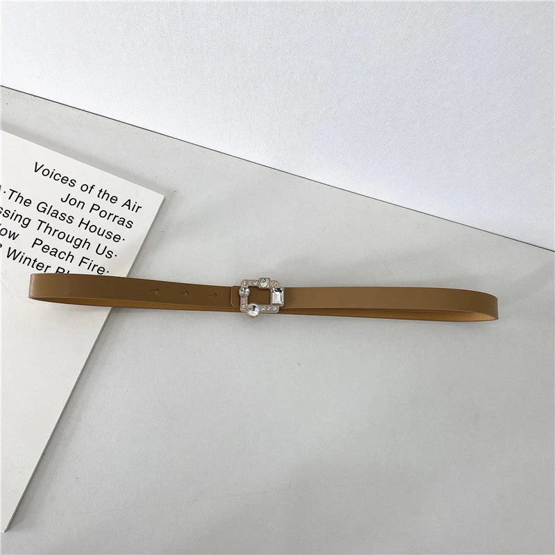 Leather Thin Belt With Rhinestones Buckle
