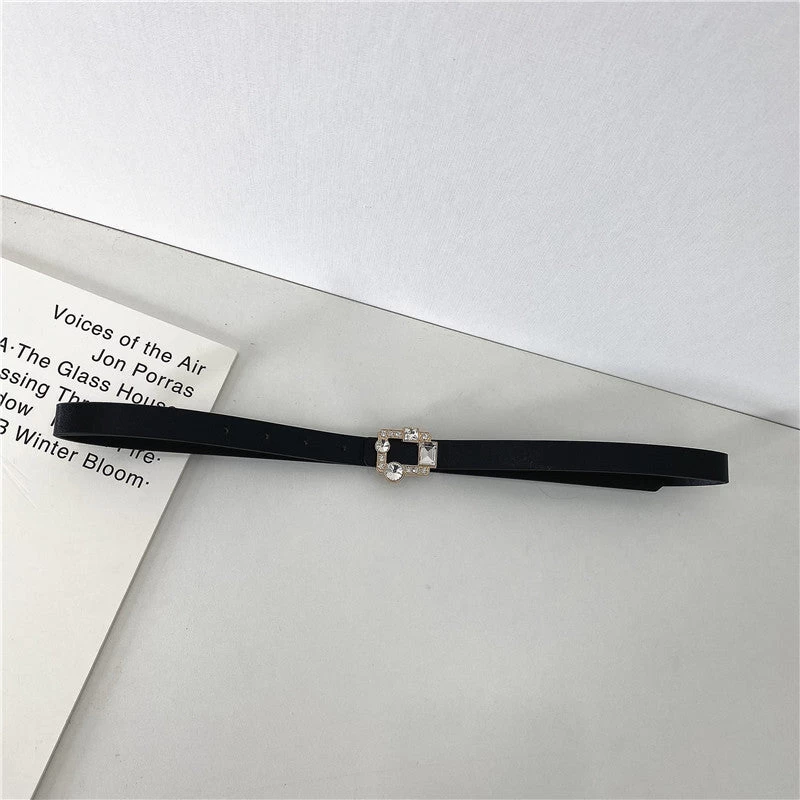 Leather Thin Belt With Rhinestones Buckle - Image 2