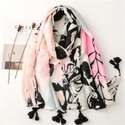 Black Pink Floral Scarf With Tassels
