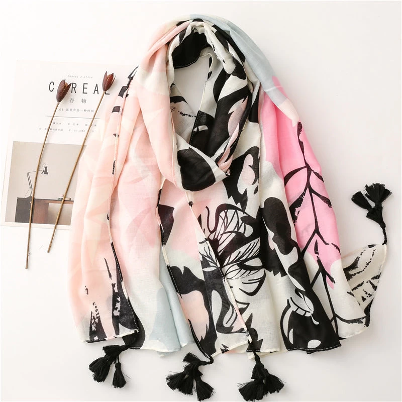 Black Pink Floral Scarf With Tassels