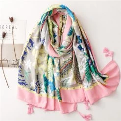 Spring Floral Prints Scarf With Tassels
