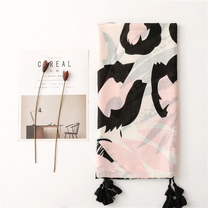 Black Pink Floral Scarf With Tassels - Image 3