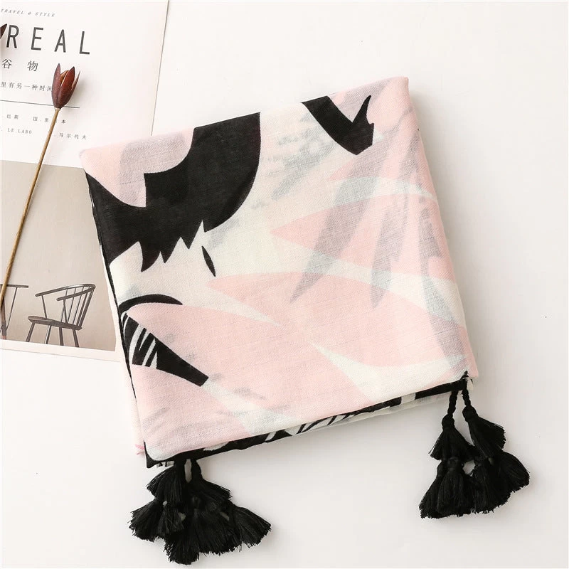 Black Pink Floral Scarf With Tassels - Image 4