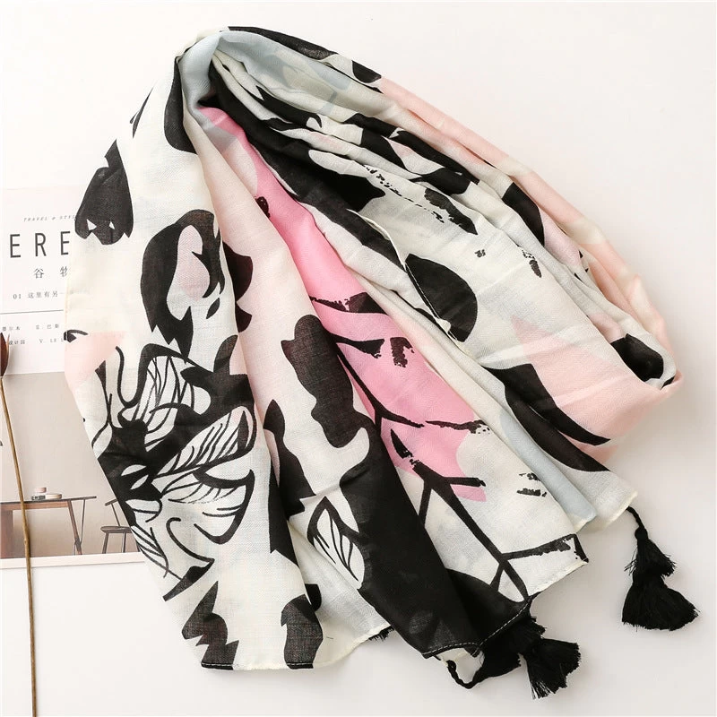 Black Pink Floral Scarf With Tassels - Image 2