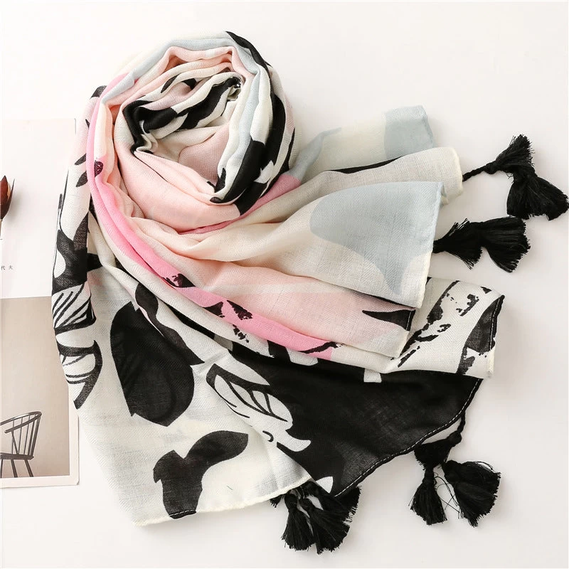 Black Pink Floral Scarf With Tassels - Image 5