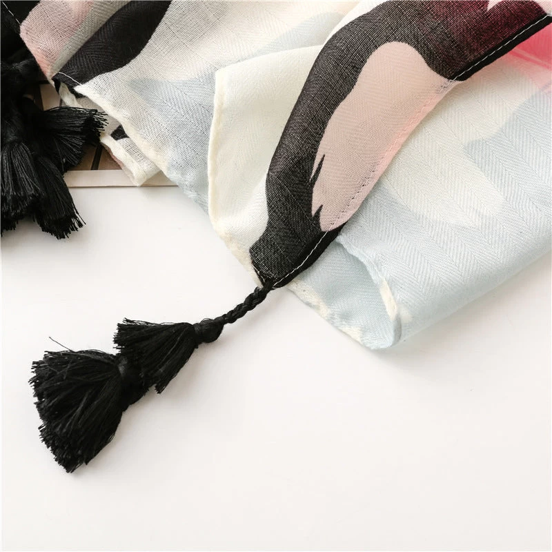 Black Pink Floral Scarf With Tassels - Image 9
