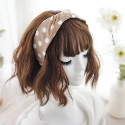 Twist Top White Polka Dots Khaki Wide Headband