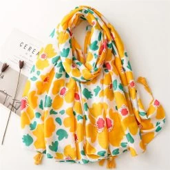 Large Yellow Flowers Printed Scarf With Tassels