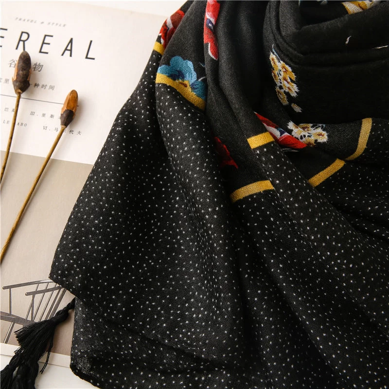 Black Long Scarf With Tassels In Multicolour Flowers Print - Image 10