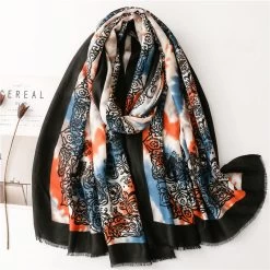 Black Orange Tie-dye Floral Prints Fringed Scarf