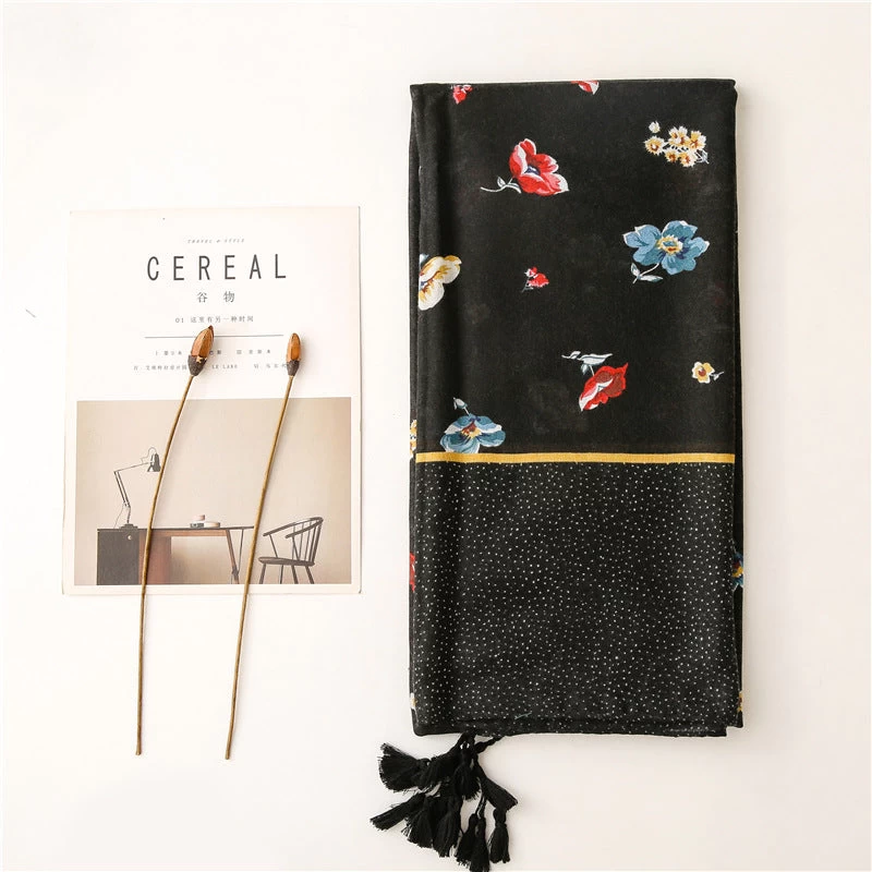 Black Long Scarf With Tassels In Multicolour Flowers Print - Image 4