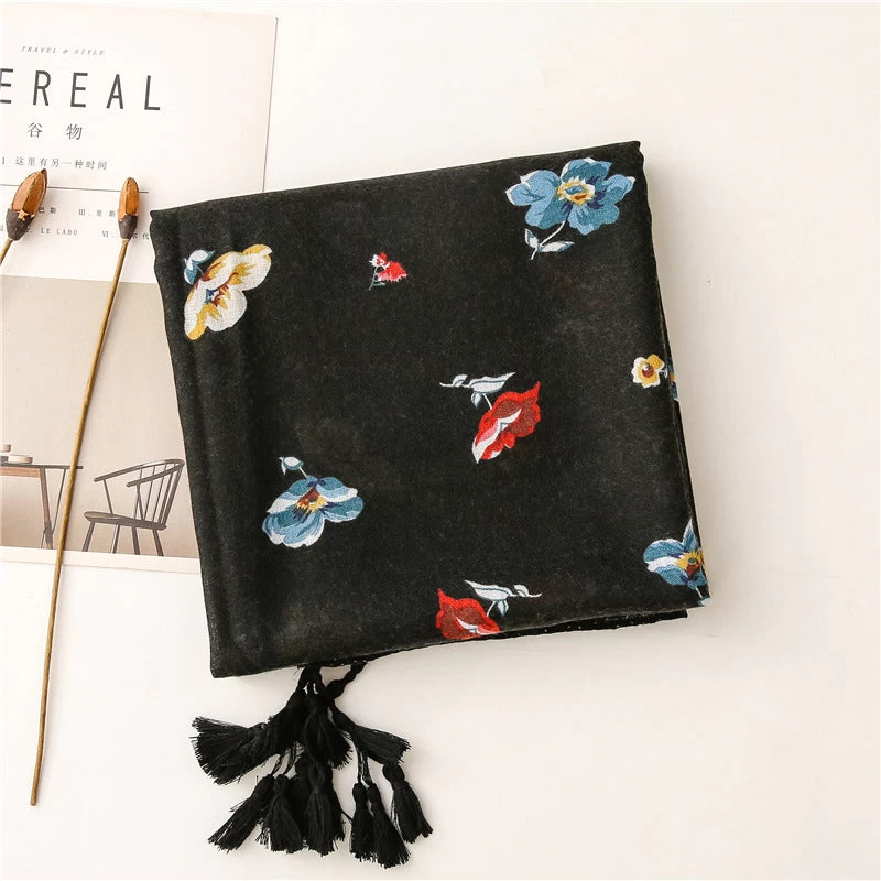 Black Long Scarf With Tassels In Multicolour Flowers Print - Image 5