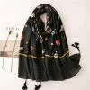 Black Long Scarf With Tassels In Multicolour Flowers Print