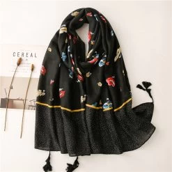 Black Long Scarf With Tassels In Multicolour Flowers Print