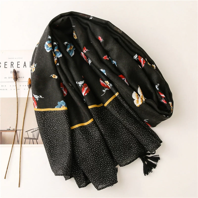 Black Long Scarf With Tassels In Multicolour Flowers Print - Image 3
