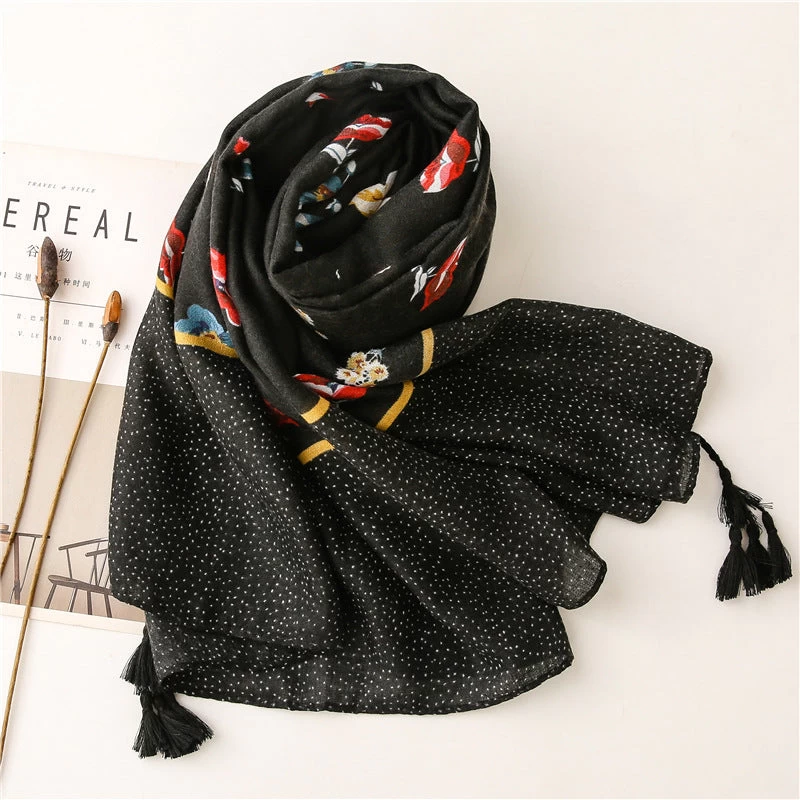 Black Long Scarf With Tassels In Multicolour Flowers Print - Image 2