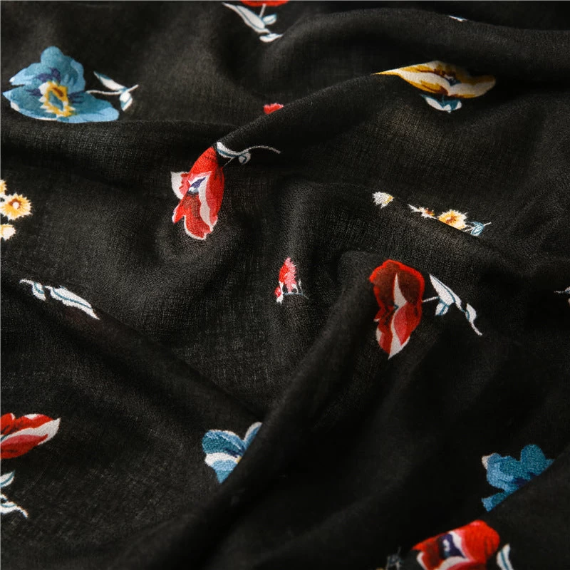 Black Long Scarf With Tassels In Multicolour Flowers Print - Image 7