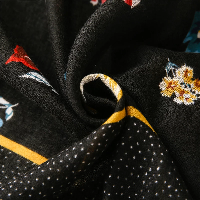 Black Long Scarf With Tassels In Multicolour Flowers Print - Image 8