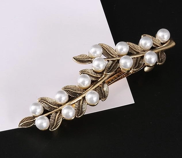 Black Gold Metallic Leaves Hair Barrette With White Pearls - Image 3