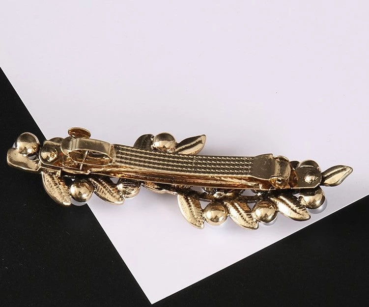 Black Gold Metallic Leaves Hair Barrette With White Pearls - Image 2