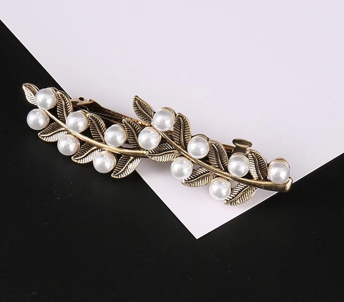 Black Gold Metallic Leaves Hair Barrette With White Pearls