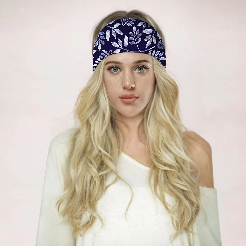 Deep Blue Leaf Branches Patterned Loop Headband