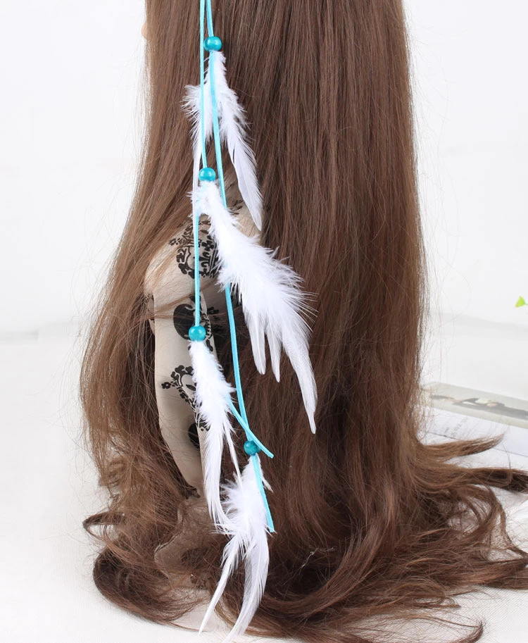 Turquoise Beads White Feather Hair Tie - Image 3