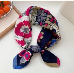 Blue Pink Flowers Navy Square Scarf