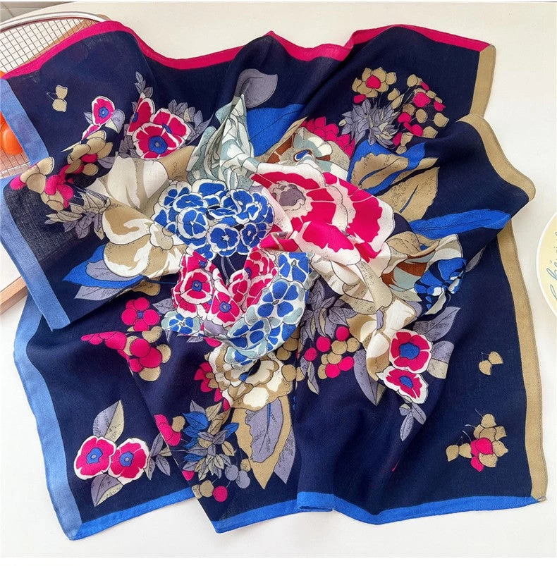 Blue Pink Flowers Navy Square Scarf - Image 2