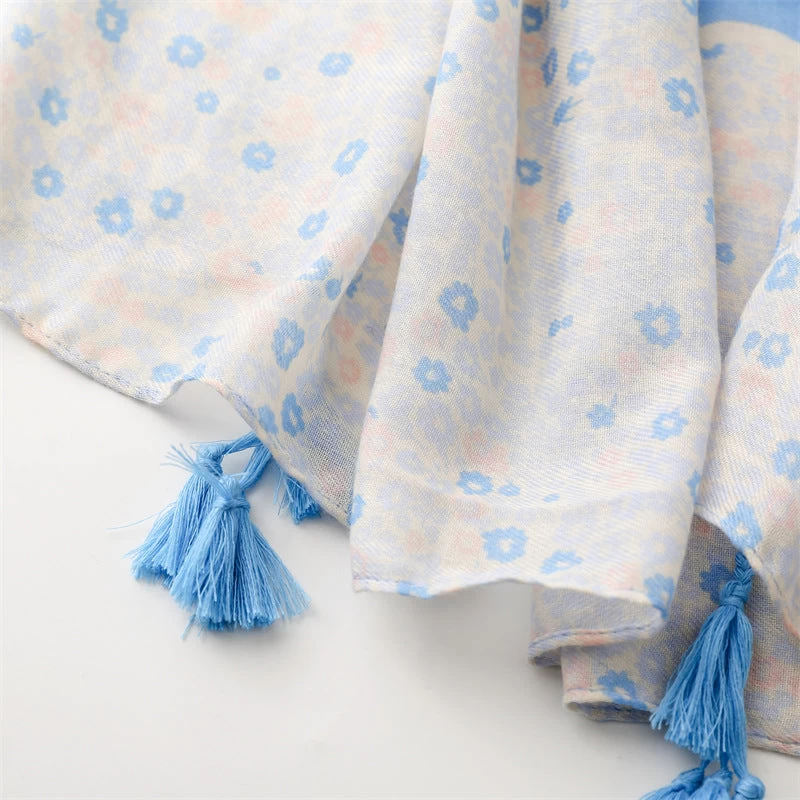 Sky Blue Small Flowers Print Scarf With Tassels - Image 9