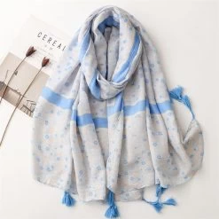 Sky Blue Small Flowers Print Scarf With Tassels